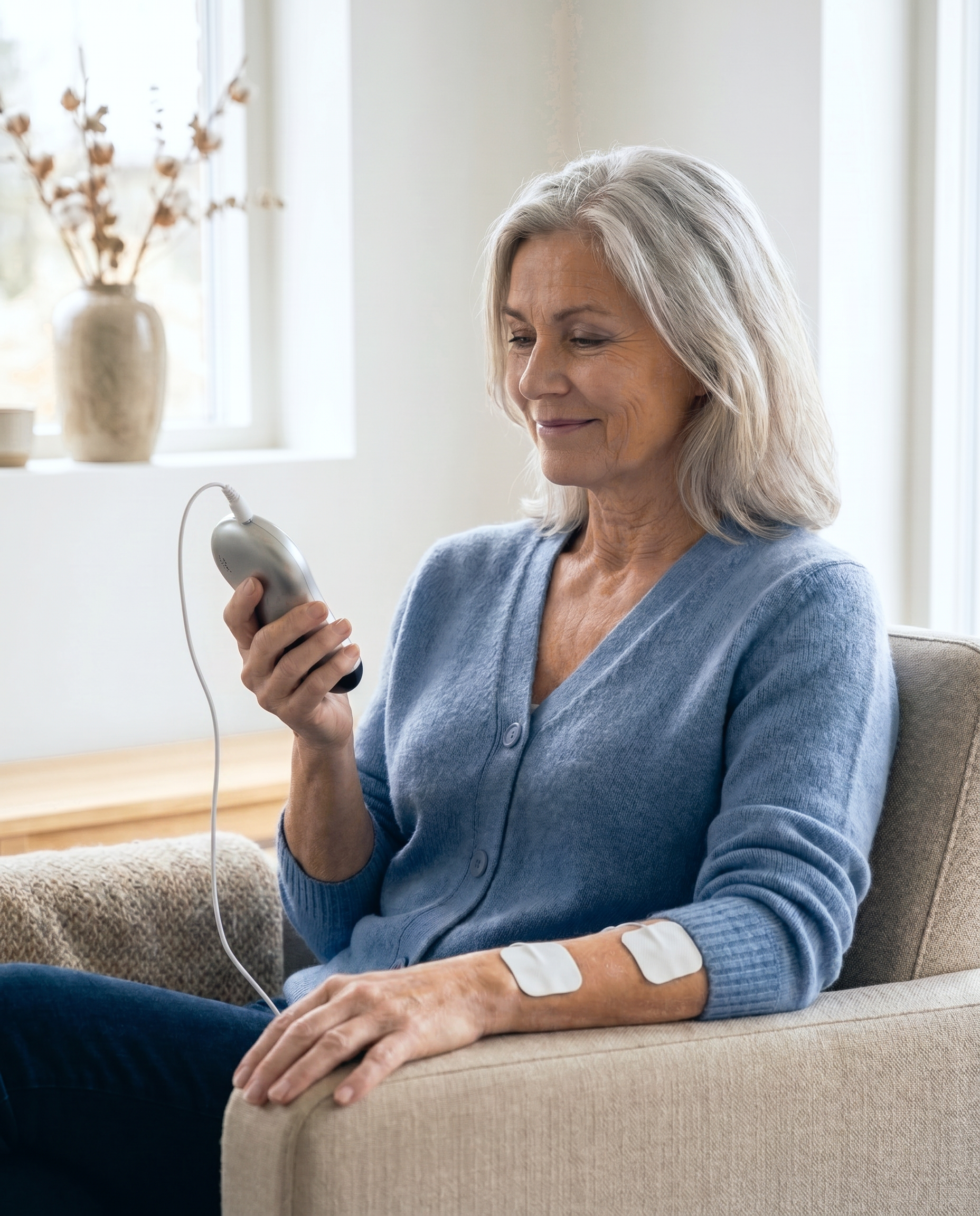 Äldre kvinna använder Oxivita Pulse T1 TENS-apparat med elektrod på underarmen mot smärta i fåtölj
