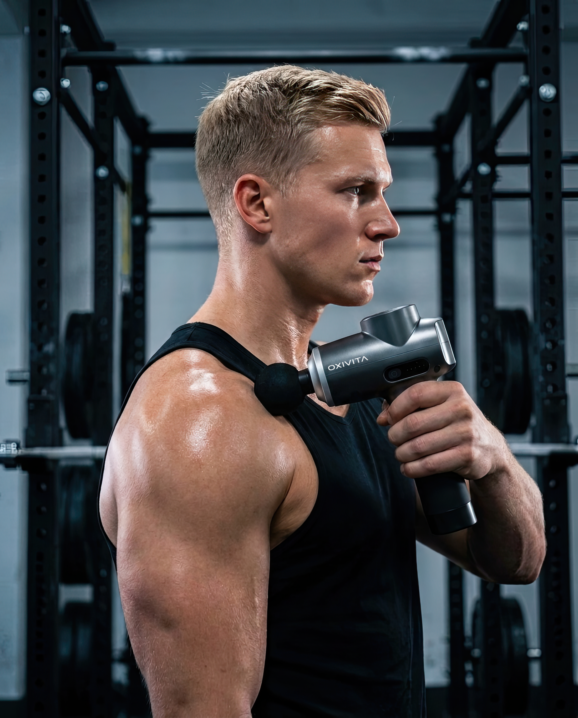 Man masserar axeln med CORE M1 på gymmet
