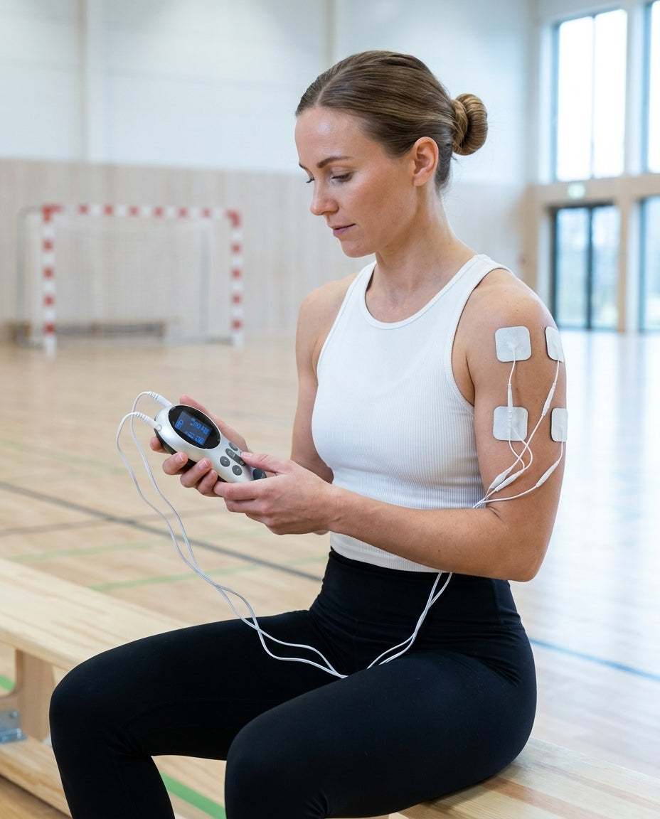 Kvinna använder Oxivita Pulse T1 EMS-apparat med elektroder på överarm och axel efter träning i idrottshall