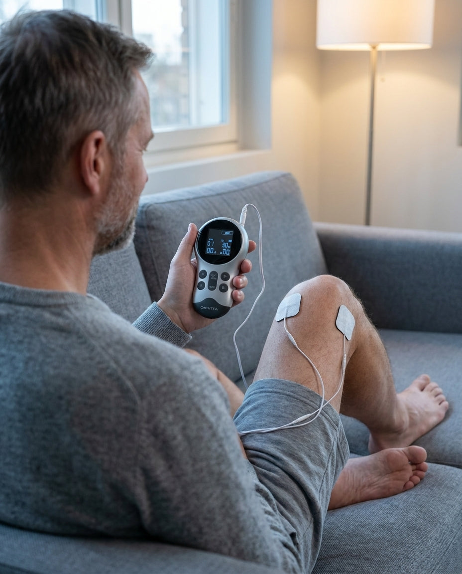 Man använder Oxivita Pulse T1 TENS-apparat med elektroder på knät mot smärta hemma i soffan